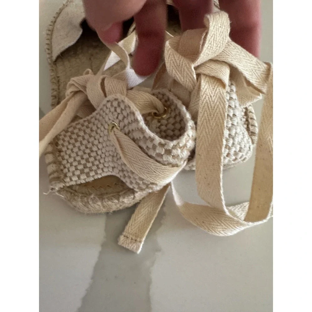 J.Crew Womens Ankle Tie Espadrille Flats Linen Lace Up Sandal Beige 8.5